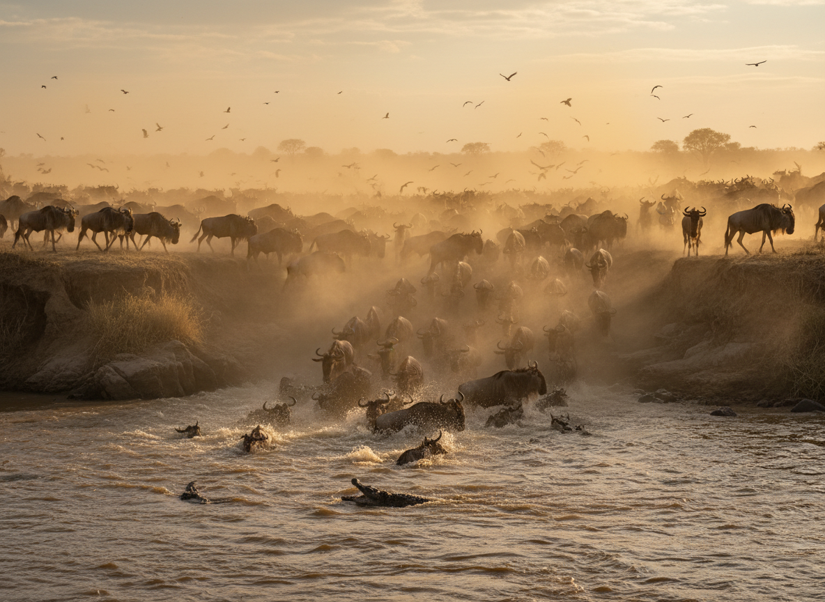 Great wildebeest migration crossing a river in the Serengeti, dramatic dust and motion, warm golden light, adventurous wildlife photography