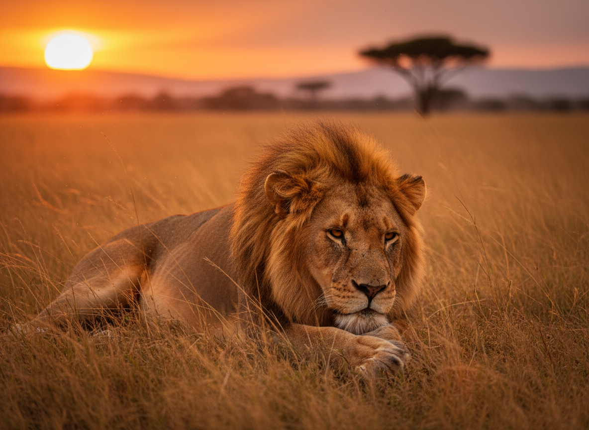 Close-up of a majestic lion resting in golden grass at sunset, African savanna, warm earthy tones, luxury wildlife safari photography
