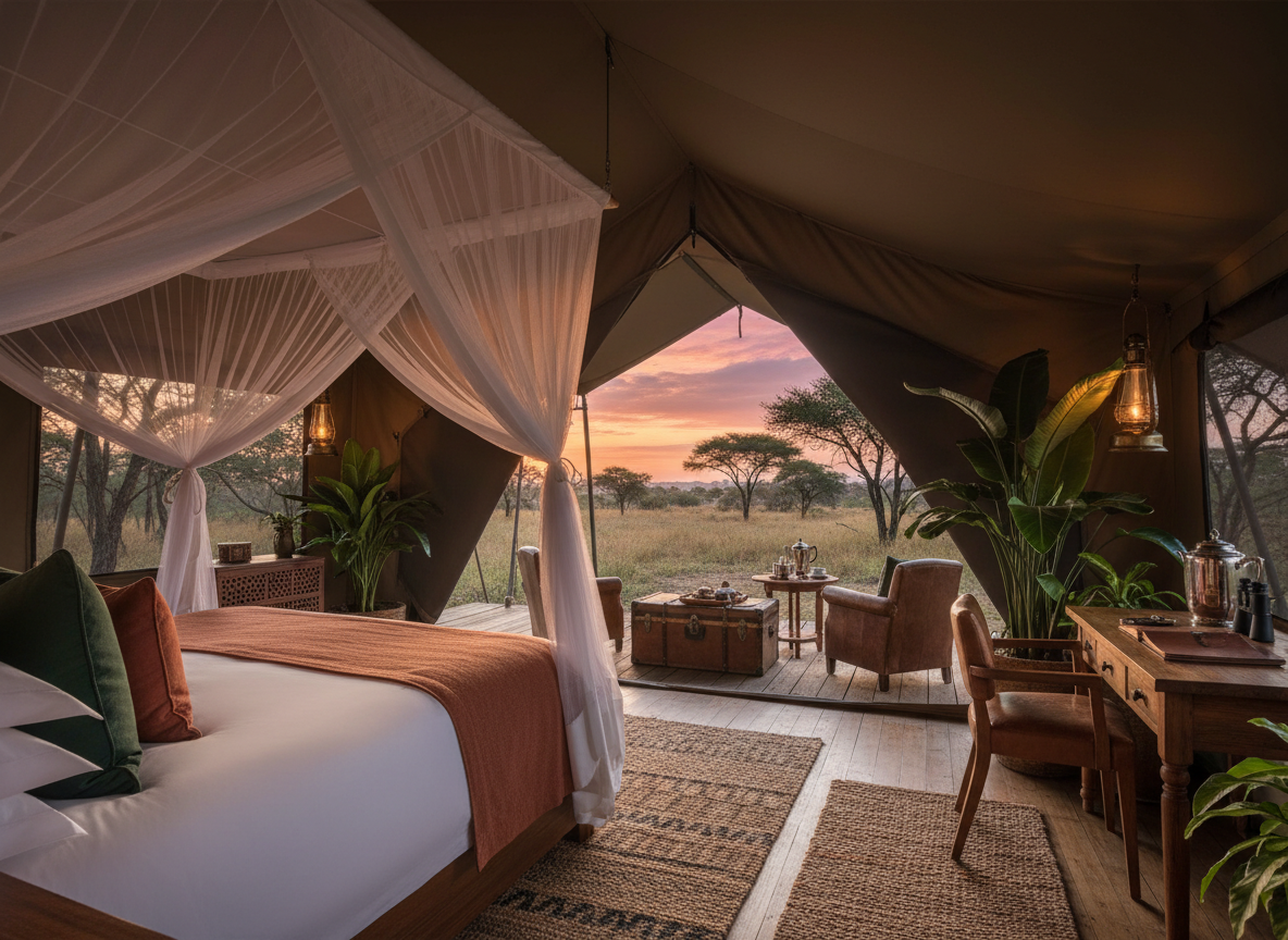 Elegant safari camp tent interior opening onto the African bush at dawn, warm terracotta and deep green tones, soft morning light, luxurious canvas lodge with wooden furniture, refined yet adventurous atmosphere