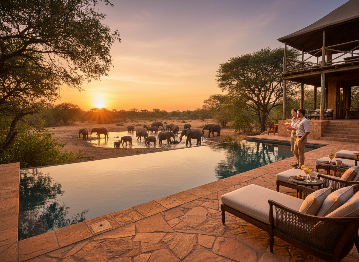 Luxury safari lodge infinity pool overlooking a waterhole with elephants, warm terracotta stone, deep green foliage, golden hour, refined adventurous luxury travel