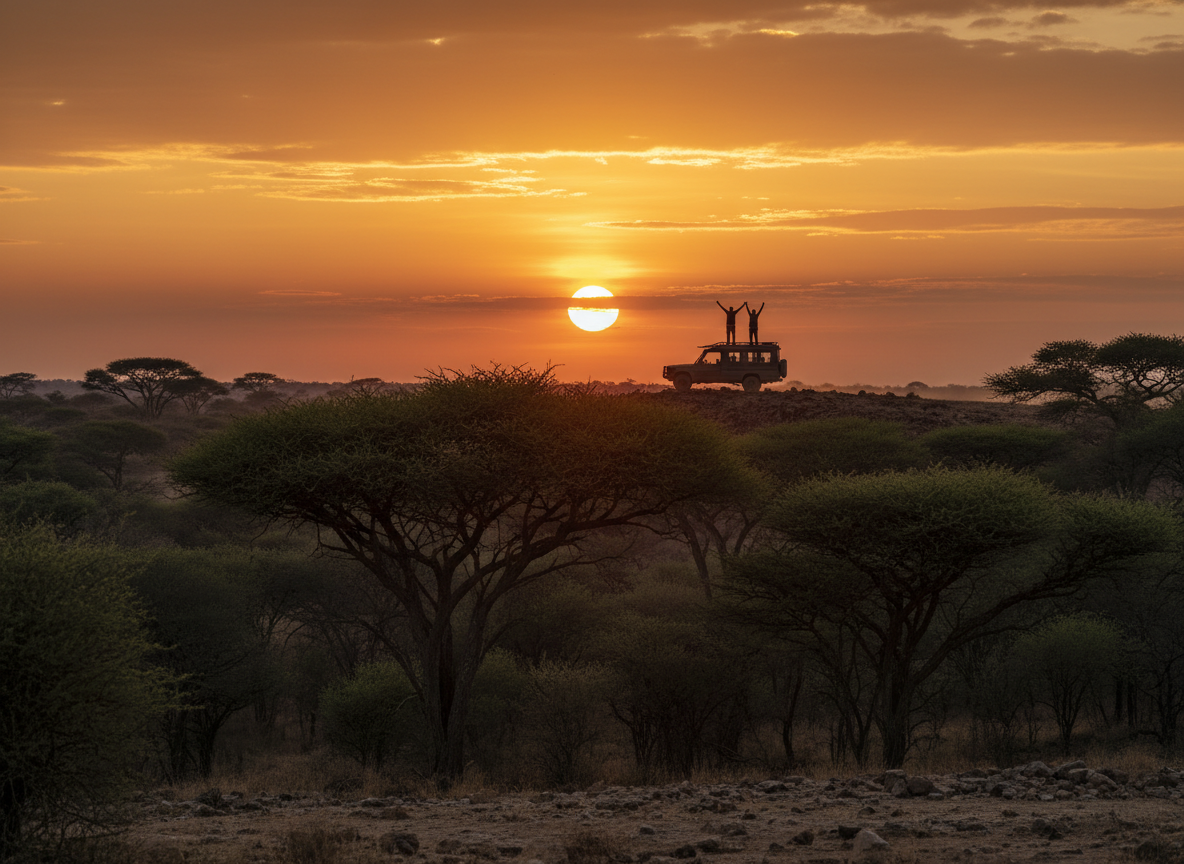 Silhouette of a safari jeep on a ridge at sunset in the African bush, warm ochre sky, deep green acacia silhouettes, adventurous cinematic wide landscape